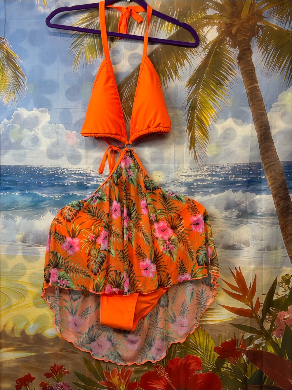 Amazon Essentials Orange Floral Halter Swim Dress Bikini